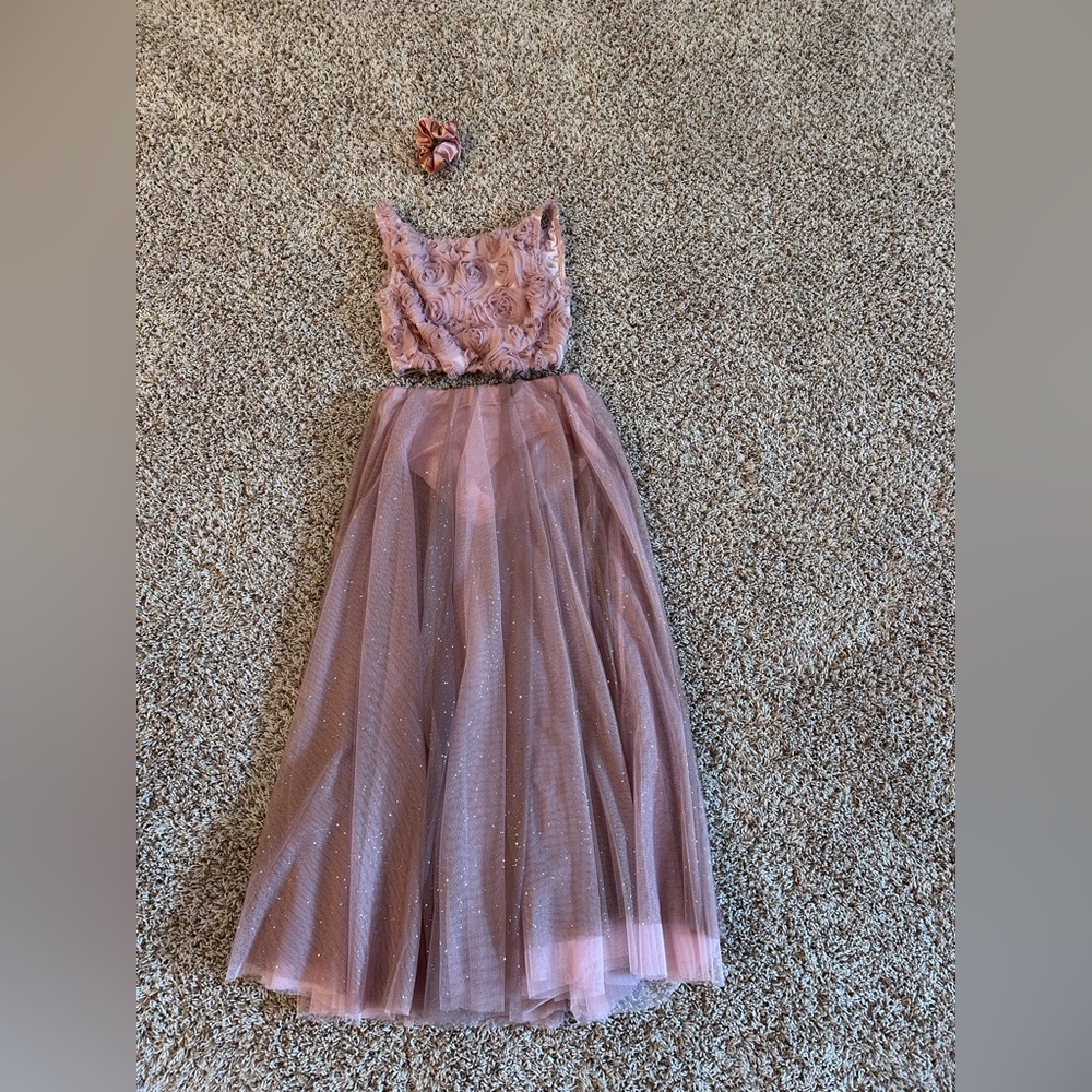Pink dusty Rose sparkly 
Two piece dance costume